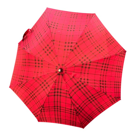 Burberry Fragrance Red & Black Plaid Umbrella with Wood Handle & Tip Full Size - Picture 1 of 6
